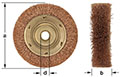 A bronze knot wire wheel brush is shown from the front and side. The front view includes measurements labeled "a" for the diameter and "d" for the unthreaded arbor diameter. The side view shows brush thickness and includes measurement labeled “b”.